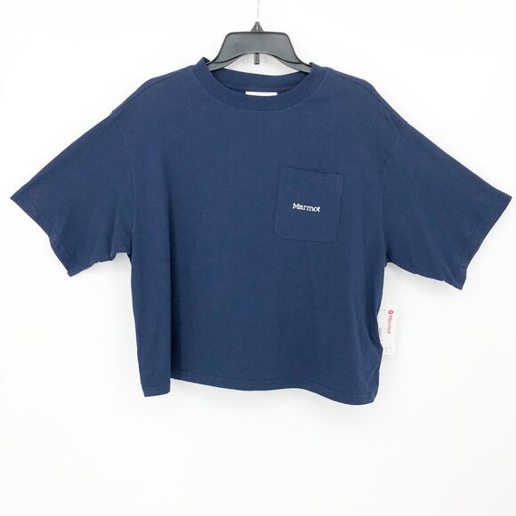 MARMOT Women's Boxy Logo Cotton Crop T-Shirt Large Blue Short Sleeve NWT - Picture 2 of 8